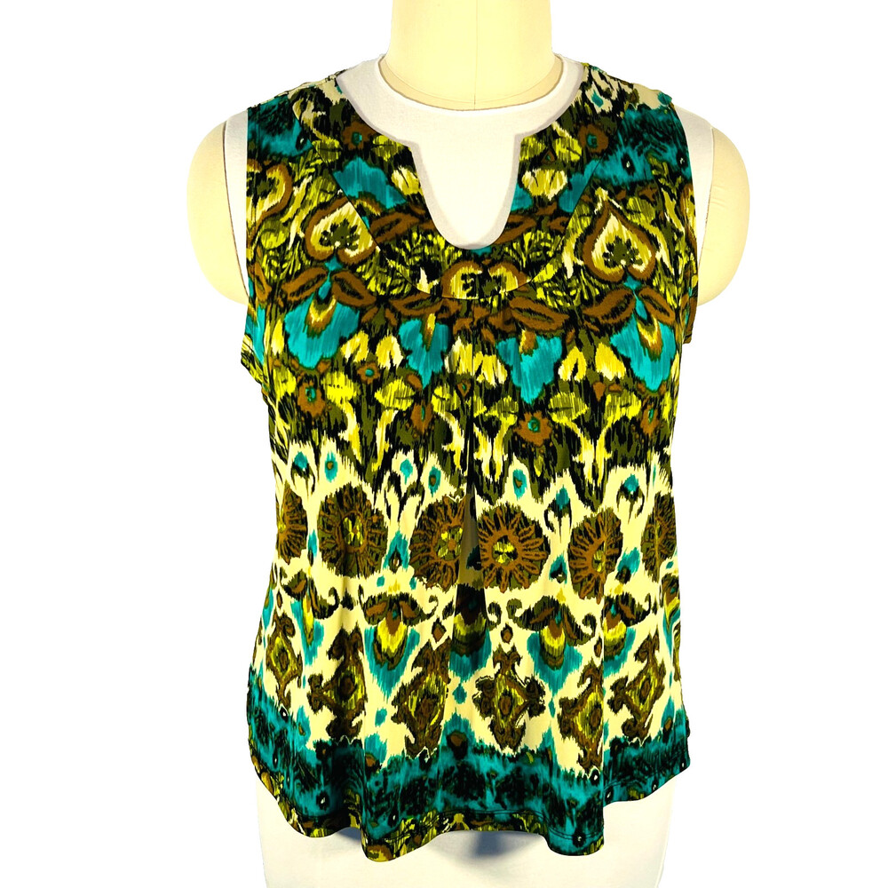 Susan Lawrence - Womens 2X Tank Top Ikat Print Scoop Horseshoe Neck Flare Hem